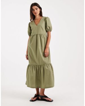 Threadbare Robe mi-longue en popeline à col v et manches bouffantes - olive - Vert