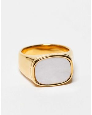 ASOS Waterproof Stainless Steel Signet Ring With Faux Mother Of Pearl - Metallic