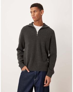 ARKET Wool Chunky Rib Jumper With Half Zip Funnel Neck - Grey