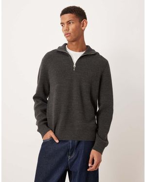 ARKET Wool Chunky Rib Jumper With Half Zip Funnel Neck - Grey