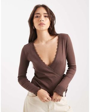 Miss Selfridge Pointelle Wrap Over Top - Brown