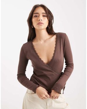 Miss Selfridge Pointelle Wrap Over Top - Brown