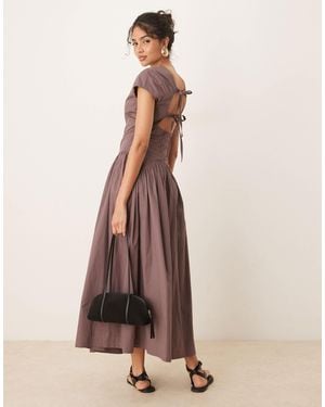 ASOS Short Sleeve Midi Dress With Open Back Tie Detail - Natural