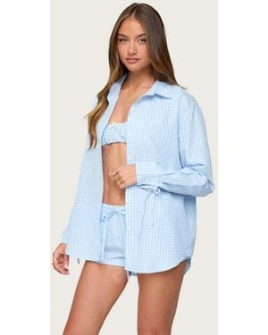 Edikted Yaffa Oversized Gingham Button Up Shirt - Blue