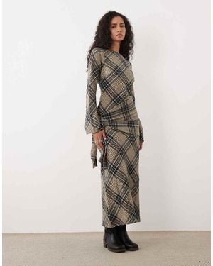 ASOS Vestido Maxi De Manga Larga Con Cuello Redondo Y Detalle De Pañuelo En Cuadros Tostados-Multi - Neutro