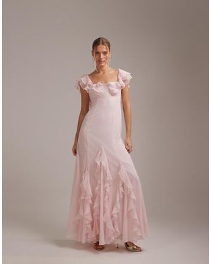 ASOS Bridesmaids Bardot Ruffle Chiffon Maxi Dress - Pink