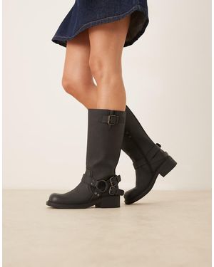 Glamorous Harness Biker Knee Boots - Black