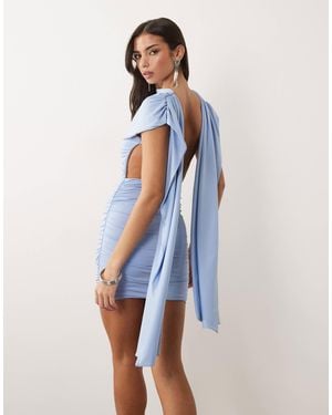 Aria Cove Double Sculpted Slinky Cape Drape Detail Open Back Mini Dress - Blue