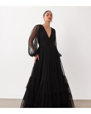 LACE & BEADS Bridesmaid Tulle Sheer Sleeve Plunge Neck Tiered Maxi Dress - Black