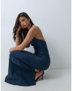 Vesper Bengaline Open Back Halter Neck Maxi Dress - Blue