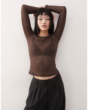 Monki Long Sleeve Sheer Ribbed Top - Brown