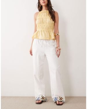 Abercrombie & Fitch Linen Rich Wide Leg Pull On Pants With Embroidered Hem - White