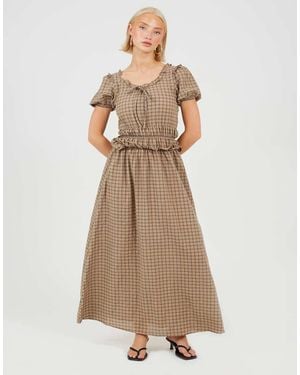 Brave Soul Short Puff Sleeve Check Maxi Dress With Waist Frill Detail - Natural
