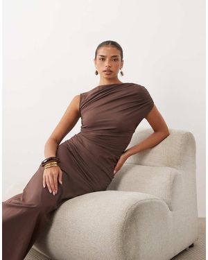 4th & Reckless Double Layered Slinky Drape Waist Detail High Neck One Sleeve Maxi Dress - Brown