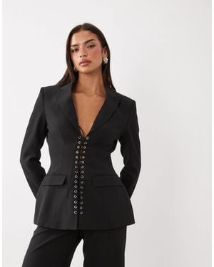 Kaiia Exclusive Eyelet Detail Lace Up Cinched Waist Blazer Co-Ord - Black