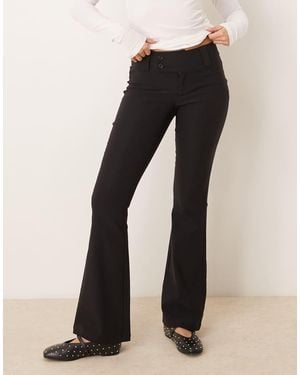 Gina Tricot Low Rise Flare Leg Trousers With Double Button Waistband - Natural