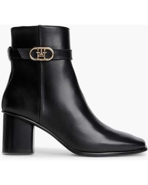 Tommy Hilfiger Leather Buckle Strap Block Heel Ankle Boots - Black