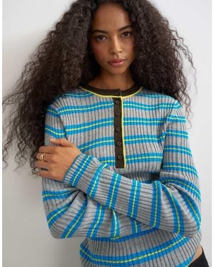 TOPSHOP Gebreide Henley-Top Met Lange Mouwen En Strepen - Blauw