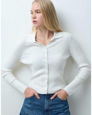 Threadbare Ribbed Knitted Polo Top - White