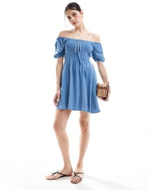Wednesday's Girl Vestito Corto Denim Con Bustino Arricciato E Fiocco - Blu