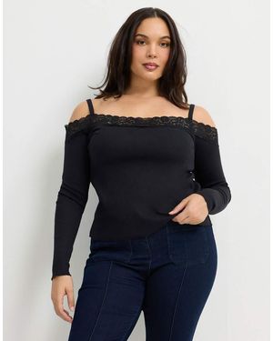 Yours Clothing Bardot Lace Trim Top - Blue