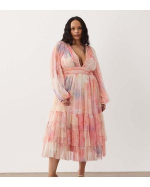 Lace & Beads Plus Tulle Balloon Sleeve Ruffle Tiered Midaxi Dress - Pink