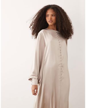Iyal Satin Balloon Sleeve Button Detail Floaty Maxi Dress - Natural