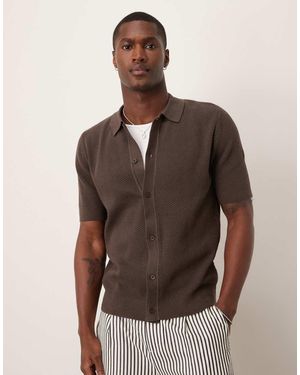 Mango Knitted Cotton Short Sleeve Shirt - Brown