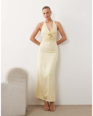 Pretty Lavish Satin Halterneck Maxi With Corsage And Ruching - Natural