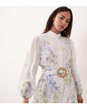 Forever New Vestido Midi Con Y Detalle Camisero-Azul - Blanco
