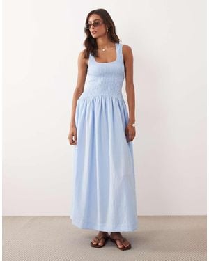 ASOS Crinkle Scoop Neck Maxi Sundress With Shirred Waist - Blue