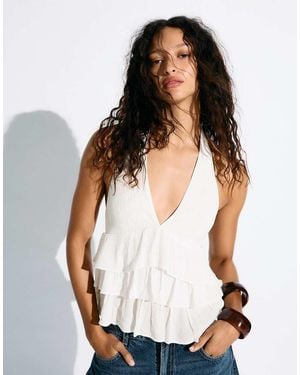 Bershka Shimmery Ruffle Top - White