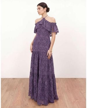 ANAYA Floral Burnout Cold Shoulder Halter Neck Maxi Dress - Purple