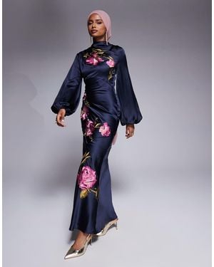 ASOS Cowl Neck Floral Embroidered Bias Maxi Dress With Blouson Sleeve - Blue