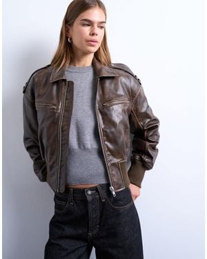 TOPSHOP Faux Leather Ovoid Sleeve Bomber Jacket - Gray