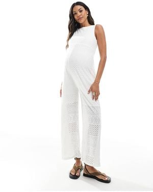 Mama.licious Mamalicious Maternity Wide Leg Jersey Broderie Jumpsuit - White
