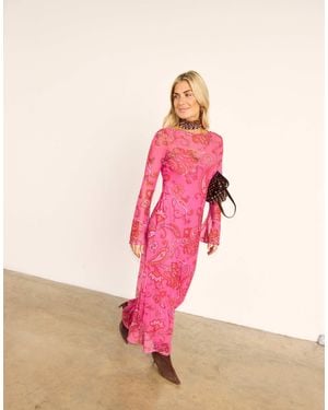 Never Fully Dressed Mesh Slash Neck Flared Sleeve Maxi Dress - Pink