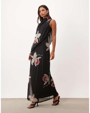 ASOS Asymmetrische Maxi-Jurk Van Mesh Met Print En Blousonmouwen Met Aangezette Hals - Wit