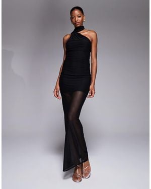 Fashionkilla Exclusive Mesh Overlay Neck Tie Detail Sheer Hem Maxi Dress - Blue