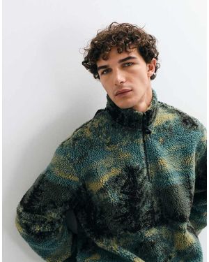 ASOS Ruimvallende Borgfleece Met Kwart-Rits En Landschapsprint - Groen