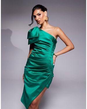 Lavish Alice Bonded Satin Bow Shoulder Wrap Midi Dress - Green