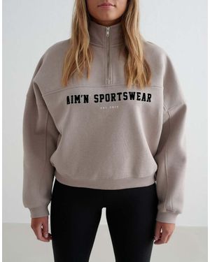 Aim'n Sudadera Arcilla Oscuro De Estilo Universitario Con Media Cremallera De -Neutro - Gris