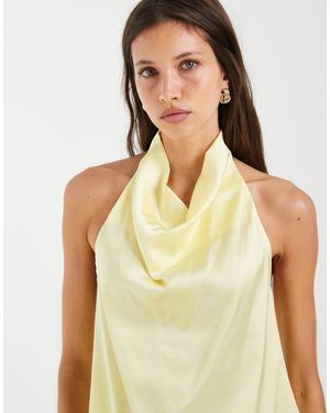 Pieces Halter Neck Satin Asymmetric Hem Top - Yellow