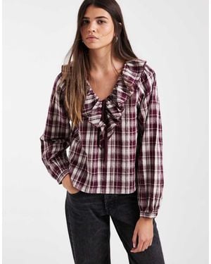 ONLY Camicia A Quadri Bordeaux Con Volant - Rosso