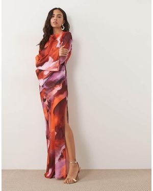 ASOS Satijnen Maxi Jurk Met Uitlopende Mouwen En Marmerprint - Roze