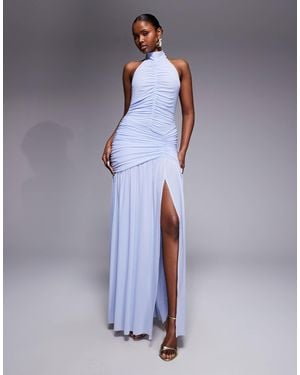 Ruched & Ready Sculpting Ruched Body Draped Hem Open Slit Maxi Dress - Purple