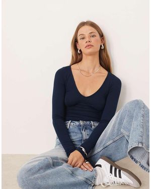 Motel Faye V Neck Long Sleeve Top - Blue