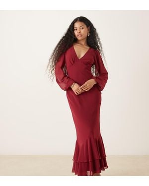 LACE & BEADS Long Sleeve Ruffle Hem Maxi Dress - Red