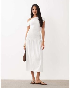 The Frolic Exclusive Jersey Shirred Waistband Off Shoulder Midi Dress - White