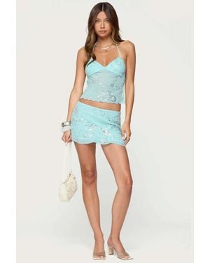 Edikted Nelley Beaded Sequin Chiffon Mini Skirt - Blue